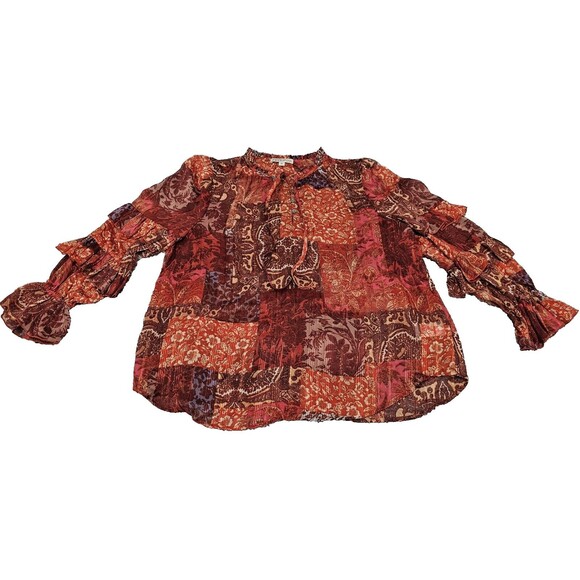 Frye Womens Tunic Top Patchwork Ruffled Long Sleeve Chiffon Peasant Boho Large - Picture 7 of 16